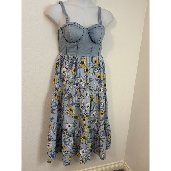 BOG Collective Maxi Dress Floral Corset Denim Blue Cottagecore Band Gypsies L - Picture 1 of 15